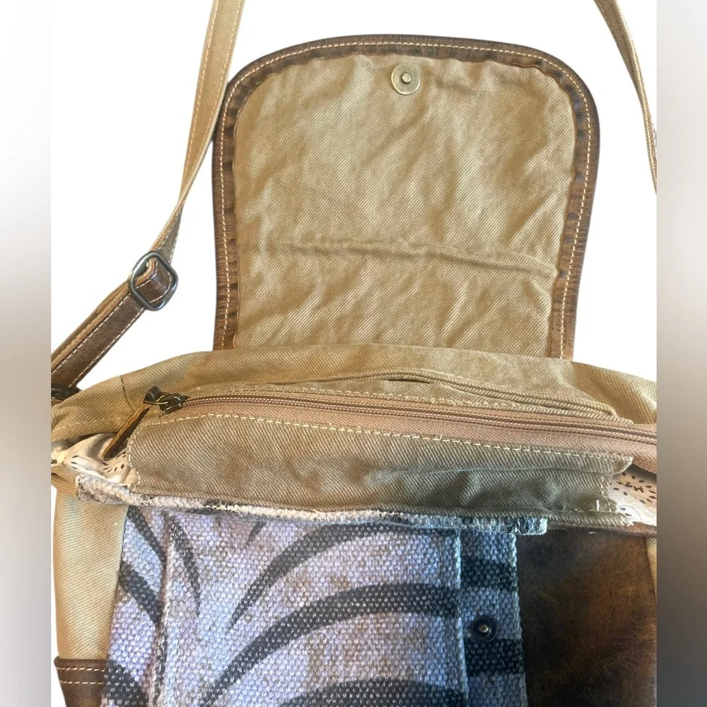Myra Bag Crossbody Messenger Distressed Leather & Canvas Shoulder Handbag Purse - Picture 11 of 15
